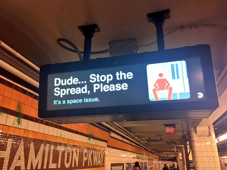 В 2014 году кампания против мужского неуважительного сидения прошла в общественном транспорте Нью-Йорка и Сиэтла.