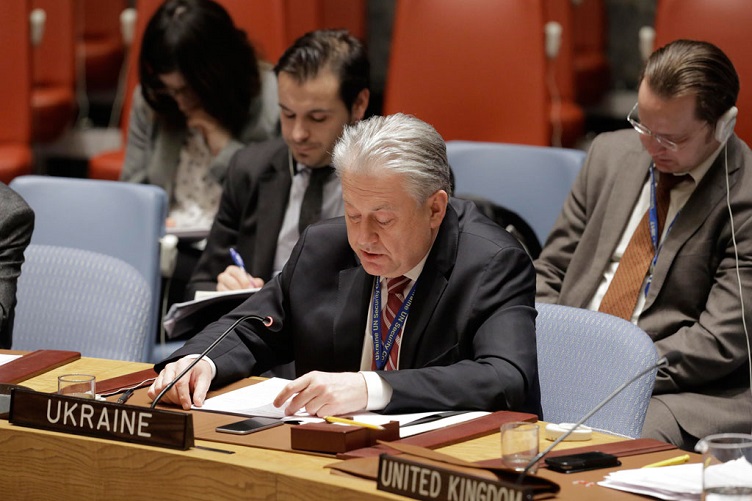 Постійний представник України при ООН Володимир Єльченко виступає в Раді Безпеки ООН. Фото ООН.