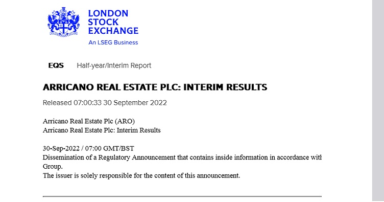 Скрін звіту Interim Results компанії Arricano Real Estate Plc. Для ознайомлення із повним текстом, натисніть на зображення.