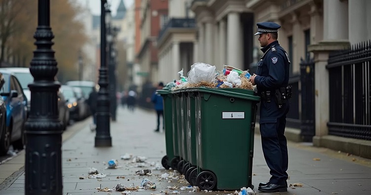 Офіцери лондонської поліції може виписати штраф навіть якщо пакет просто покласти поряд зі сміттєвим контейнером. Фото згенероване ШІ.